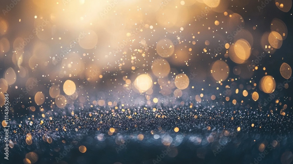 Poster illuminated deep silver background with soft golden sparkles and glimmering bokeh effects