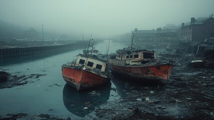 Obraz premium Overturned Boats in Foggy Coastal Harbor Scene