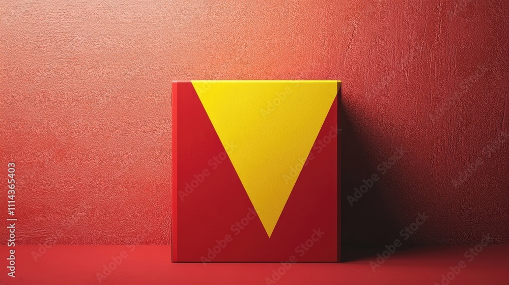 Poster a vibrant red cardboard box adorned with a yellow triangle, capturing the essence of color and form.