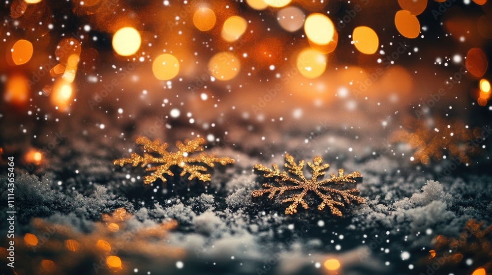 Poster festive christmas background filled with delicate snowflakes and soft bokeh lights, creating a magic