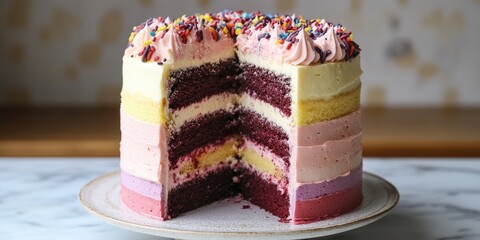 A large, beautifully crafted birthday cake with multiple layers, made by hand, perfect for celebrating a special birthday occasion with joy and deliciousness.