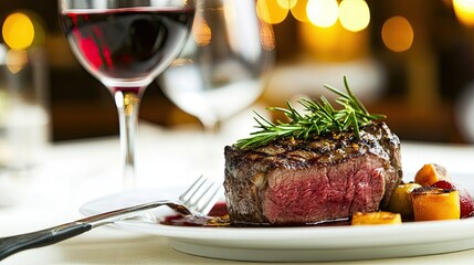 Grilled beef steak paired with red wine, complemented by a fork and knife, embodies gourmet restaurant concepts. This appetizing scene captures the essence of fine dining, with ample copy space.