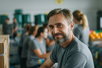 Obraz premium Portrait of a France volunteer helping in an NGO, in the background a help center with a food bank with more volunteers working.
