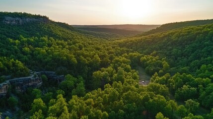 Obraz premium Aerial view of a stunning forest landscape captured from a drone, highlighting the beauty of the trees and natural features in the vibrant scenery, with ample copy space.