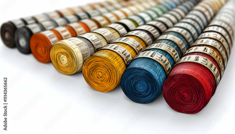 Poster colorful cylindrical objects arranged in a row on a white background.