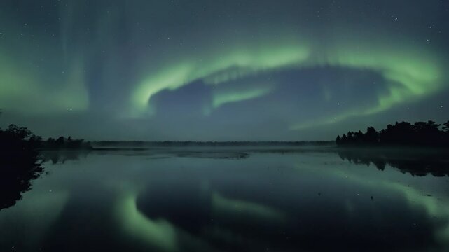 Aurora arc reflecting from a foggy lake