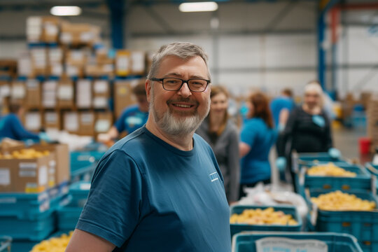 Portrait of a UK volunteer helping in an NGO, in the background a help center with a food bank with more volunteers working.