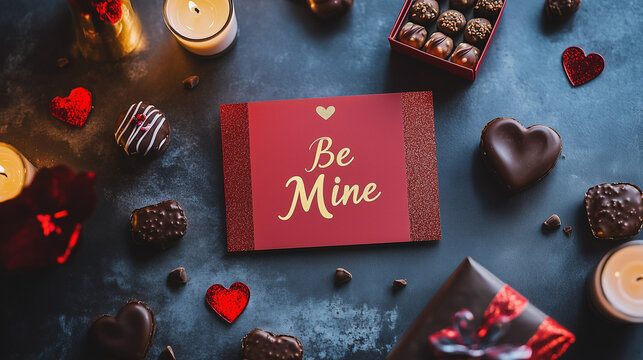 Valentine’s Day Flat Lay with Heart-Shaped Chocolates, Candles, and ‘Be Mine’ Card – Love and Celebration - Powered by Adobe