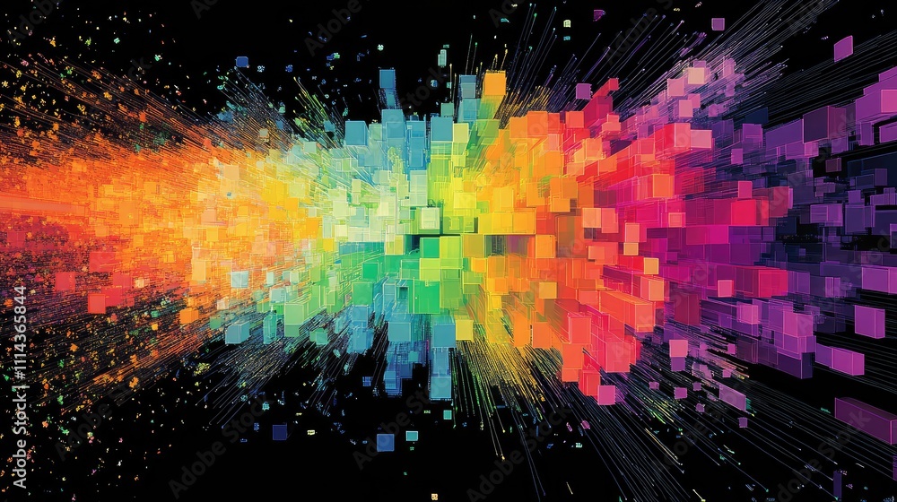 Poster a psychedelic abstract pixel collage with rainbow-colored pixels, creating a visual explosion of col