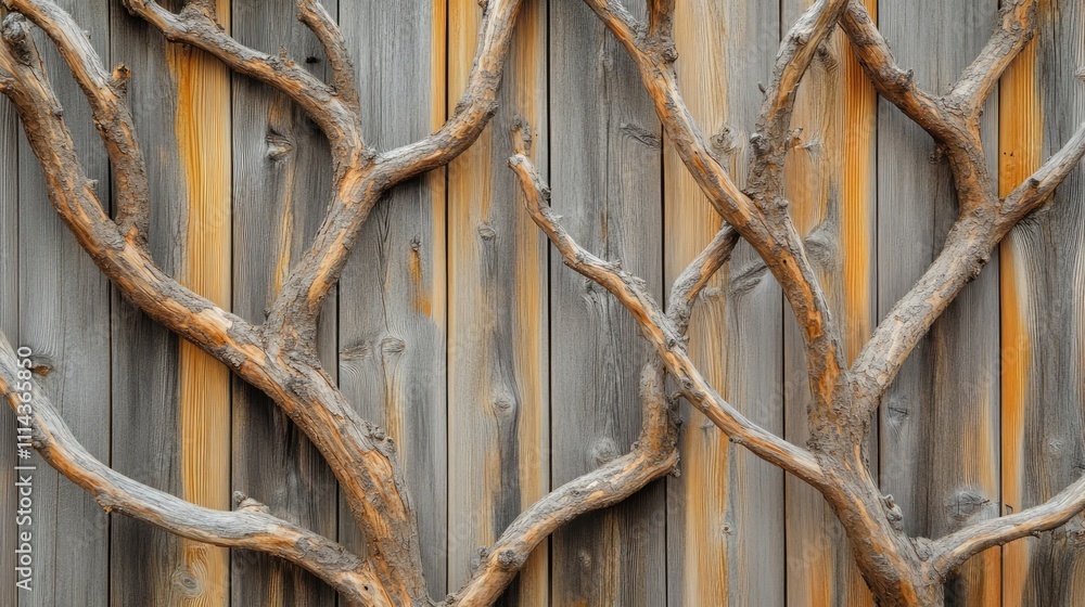 Poster close-up view highlighting the unique texture of tree branches on a wooden wall. the intricate detai