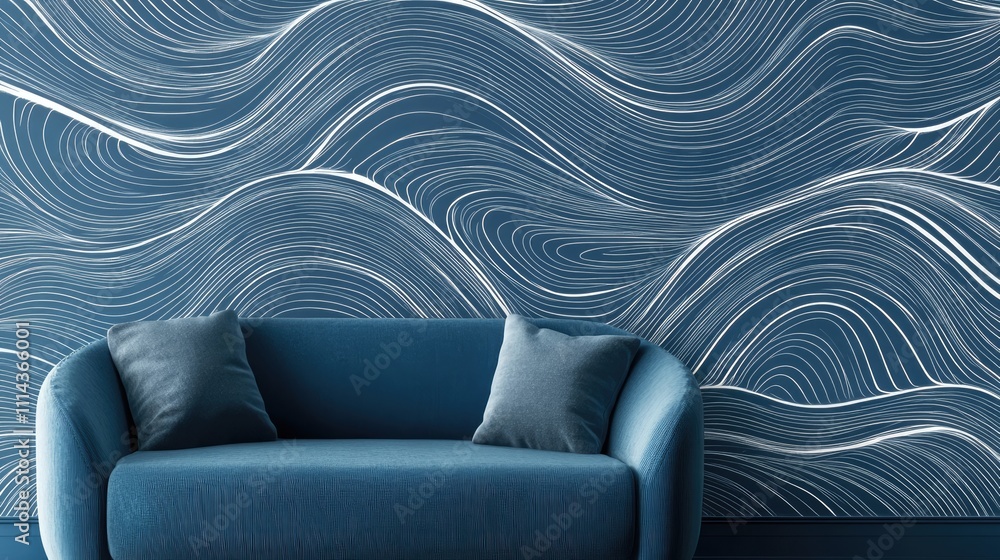 Poster abstract modern elements displayed in a simple line design with indigo blue and white waves backgrou