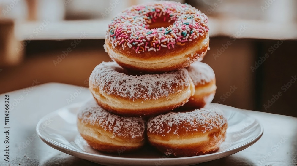 Poster a delectable stack of donuts rests on a white plate, creating an inviting display. this photo of don