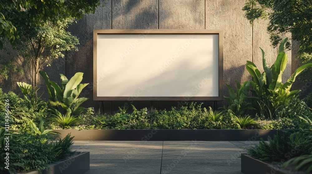 Aufkleber a large empty signboard positioned among planters and greenery provides ample space for customizatio