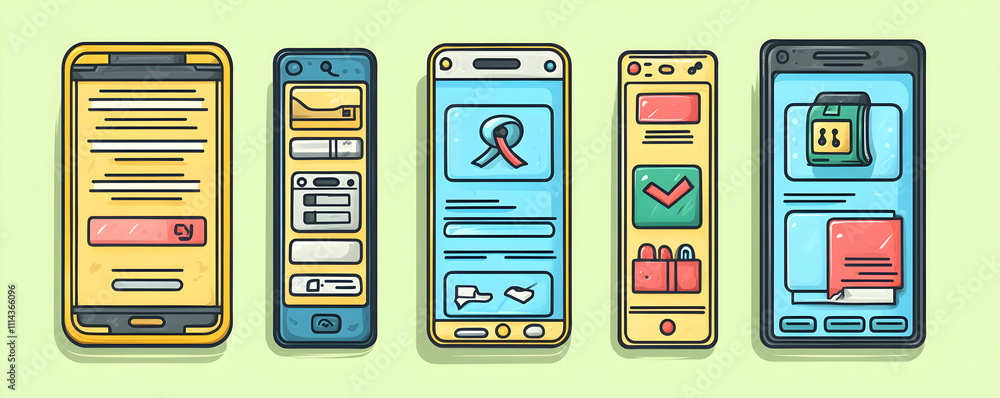 Poster five smartphone app interfaces with various designs.