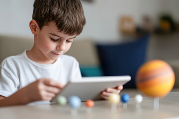 Fototapeta premium A young boy is playing with a tablet and a model of the solar system