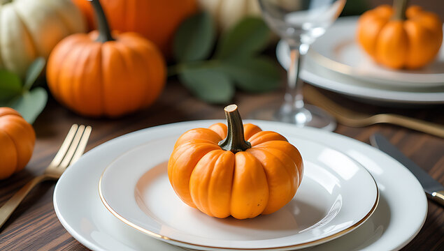 A Thanksgiving table setting featuring mini pumpkins, cutlery, and a thankful sign conveys a sense of warmth and genuine gratitude._00001_