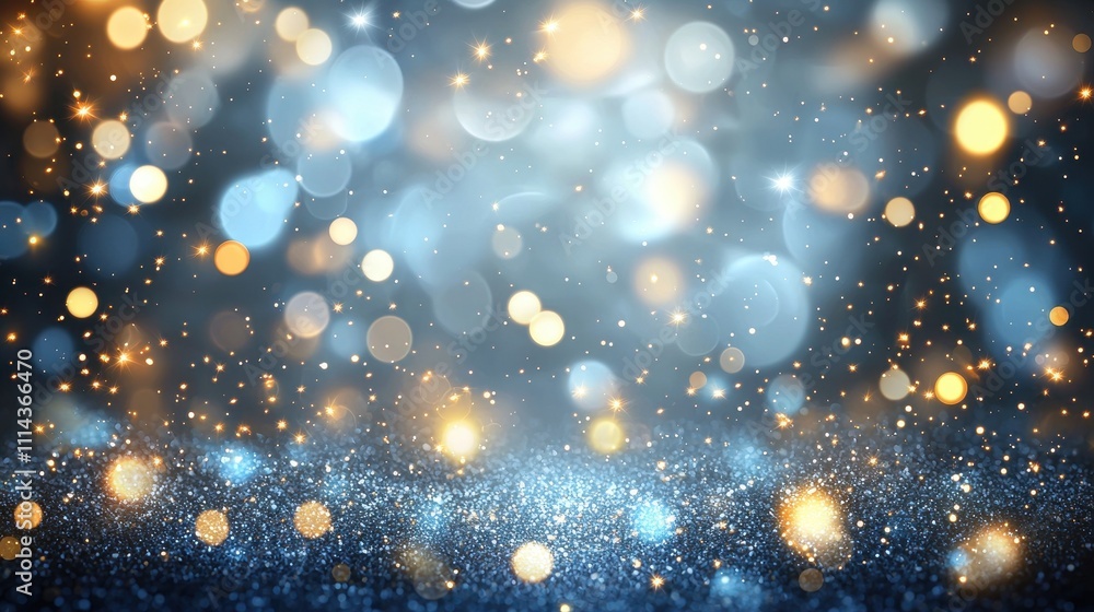 Poster soft golden and silver illuminated background with deep depth of field and sparkling bokeh