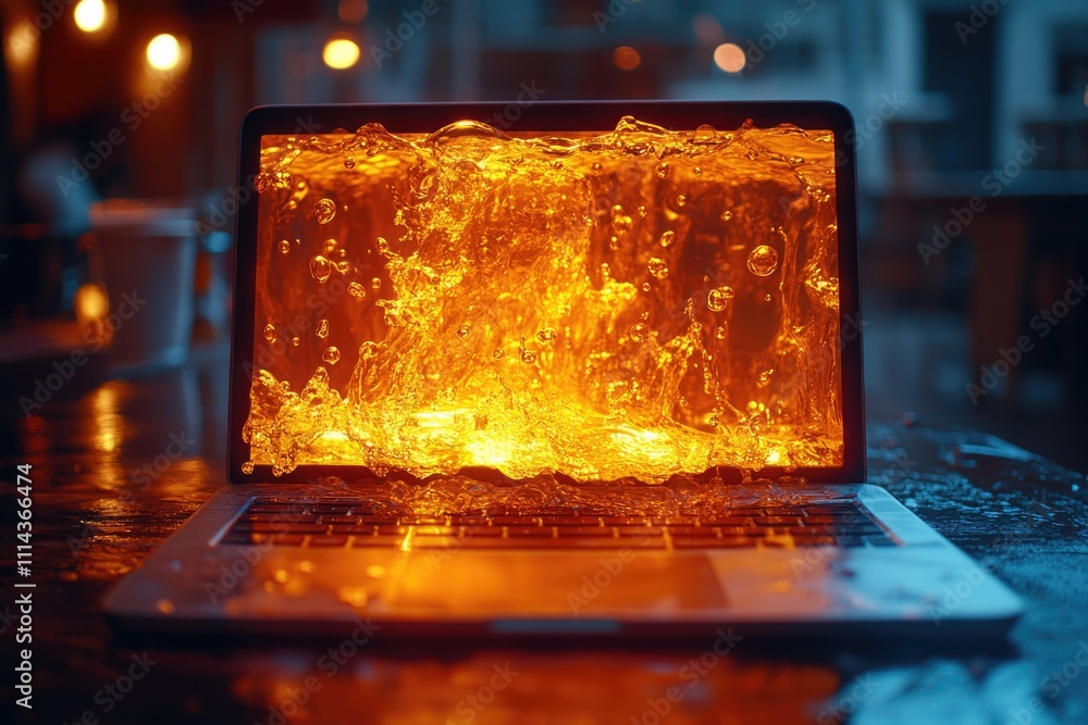 Poster a laptop with a bright screen placed on a table, perfect for working or browsing