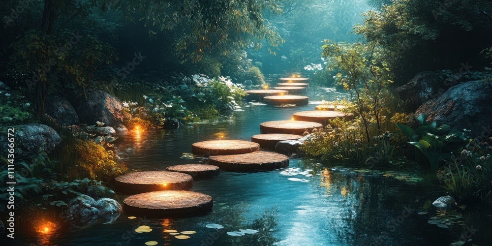 Poster enchanting stone path illuminated by soft lights amidst a tranquil forest stream at dusk