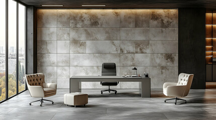 Modern office interior with large window, desk, chairs, and city view.
