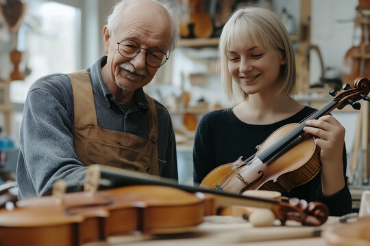 Elderly craftsman teaches young woman about violin making in workshop. Generative AI - Powered by Adobe