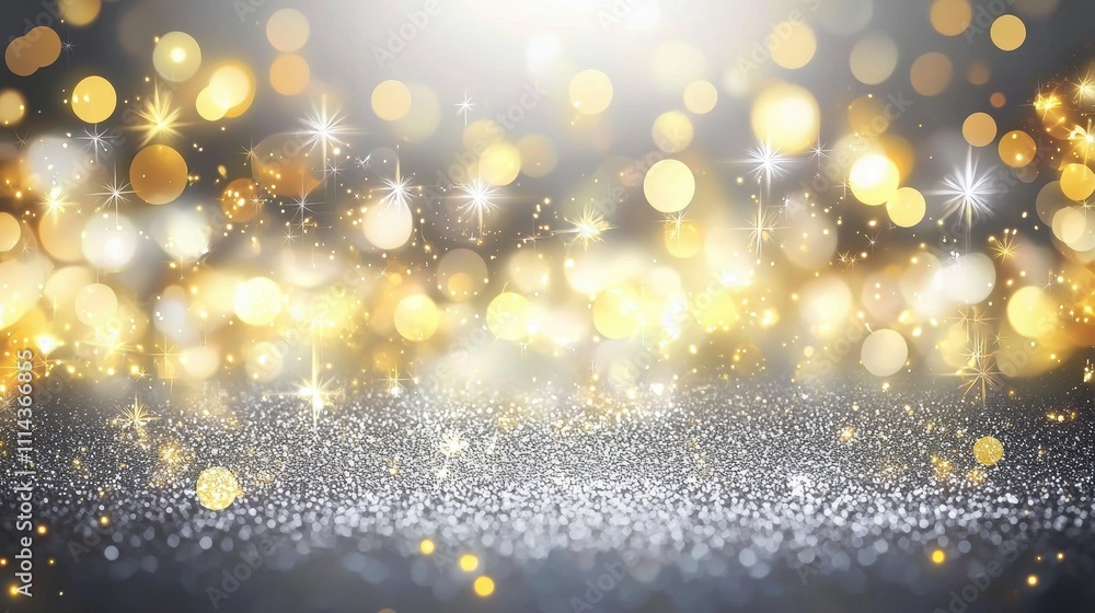 Poster soft golden lights and silver background with illuminated bokeh effect for creative projects