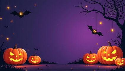 Fototapeta premium A spooky Halloween scene is created with pumpkins, spider webs, ghosts, bats, and twinkling stars against a rich purple backdrop._00001_