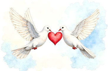 Two watercolor white doves with a red heart set against acwatercolor background for Valentine's Day
