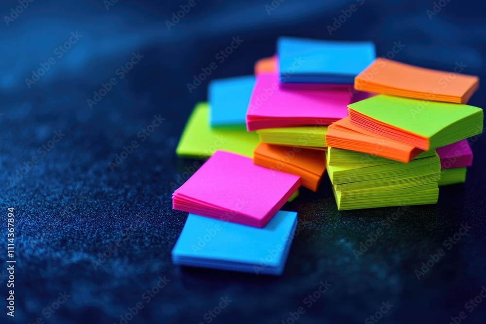 Poster a collection of colorful post-it notes stacked on a table, ideal for note-taking and organization