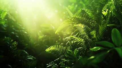 A lush green forest with sunlight shining through the leaves
