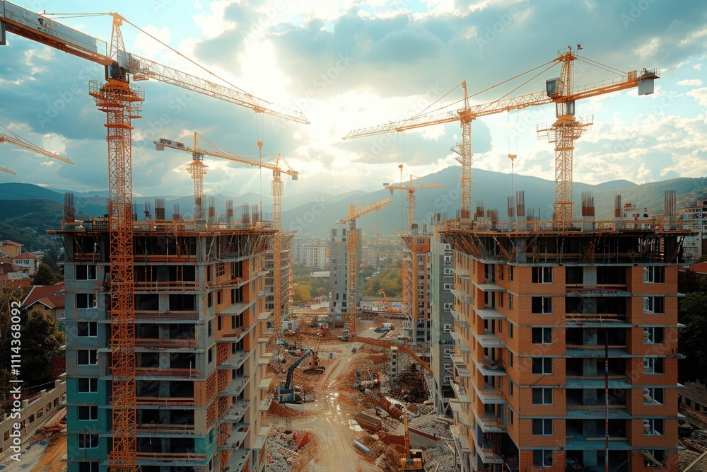 Poster a busy construction site with multiple cranes and equipment, perfect for use in business or industry