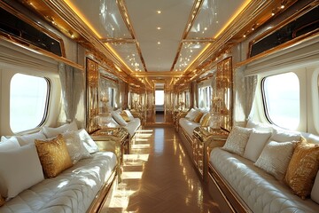 Fototapeta premium Luxurious train interior with golden decor and comfortable seating
