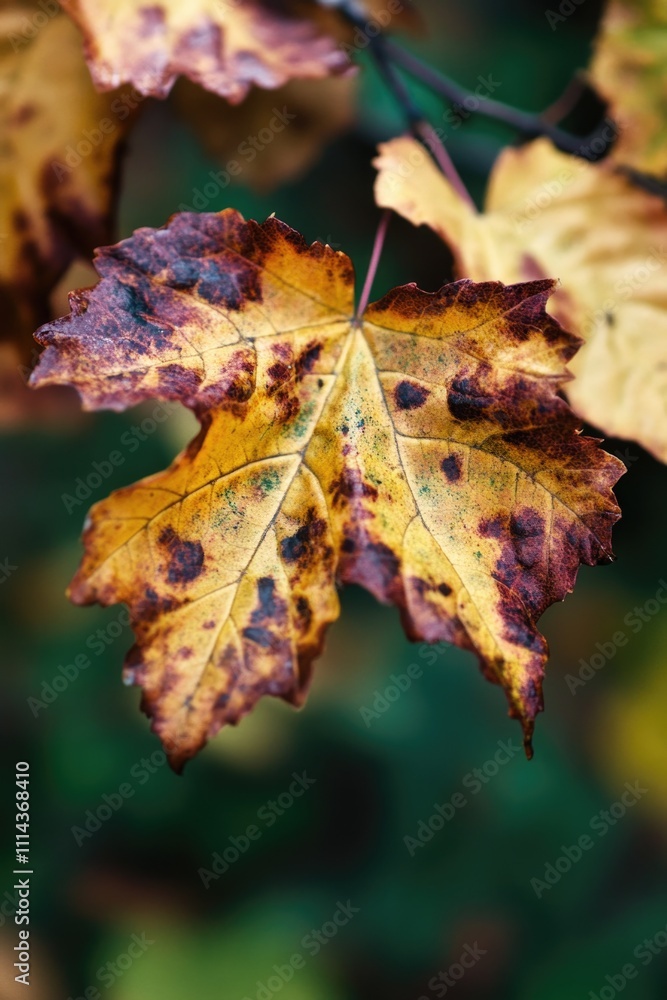 Poster a detailed view of a single leaf on a tree branch, with intricate veins and texture