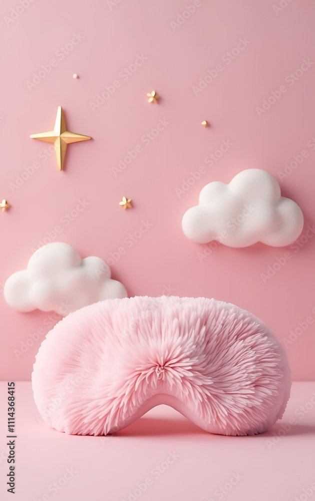 Aufkleber a pink fluffy sleeping mask is seen against a soft pastel pink background featuring cloudy shapes an
