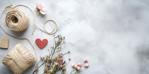 Fototapeta premium Flat lay of Valentine's Day crafting supplies, including twine, heart shapes, and small flowers on a white textured background, minimalistic and natural theme, selective focus, copy space