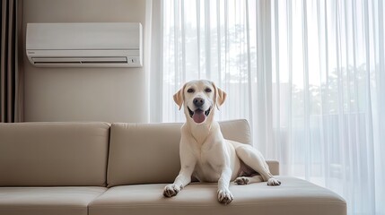 Happy yellow Labrador Retriever dog relaxing on a beige sofa in a modern living room with air conditioning.