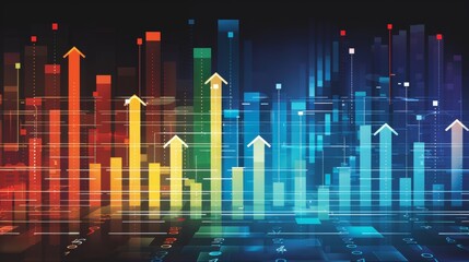 Fototapeta premium Colorful upward trending bar graphs and arrows on dark background.