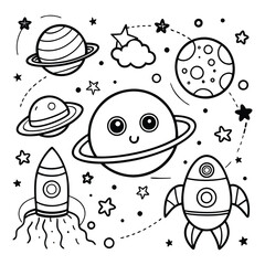 cartoon ufo and rocket in space coloring page