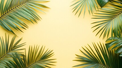 Lush green tropical palm leaves beautifully arranged on a vibrant yellow background, creating a fresh and vibrant backdrop perfect for summer-themed designs and concepts.
