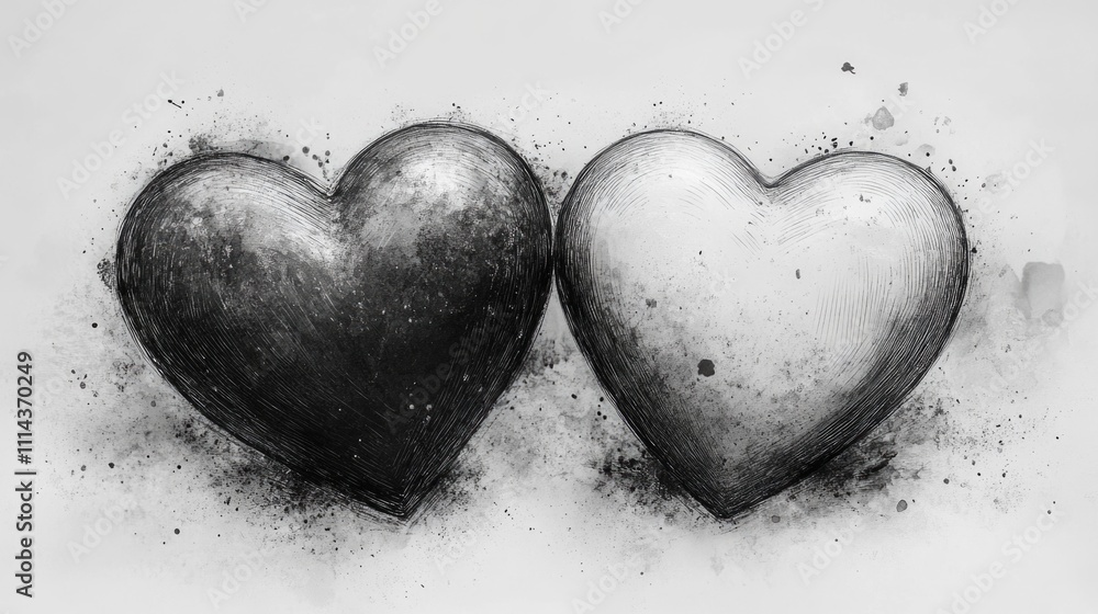 Poster two simple hearts in grayscale form a pair, perfect for various uses