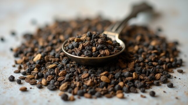 Earl Grey tea leaves encircling a vintage teaspoon