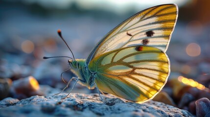 Obraz premium A close-up view of a butterfly perched on a rock, its wings spread wide