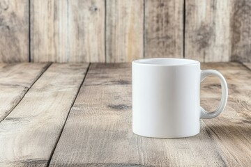 Empty white mug sits on rustic wooden table, waiting to be filled with a warm beverage