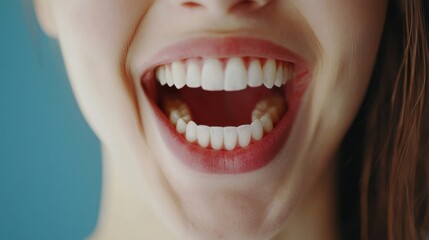 Fototapeta premium Woman, mouth and teeth in studio for oral health, dental care and orthodontics isolated on white background. Female person, smile and tooth whitening or hygiene, veneers and self care for wellness