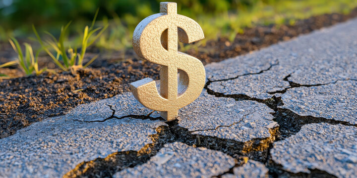 Giant dollar sign on cracking ground symbolizes financial instability and economic challenges
