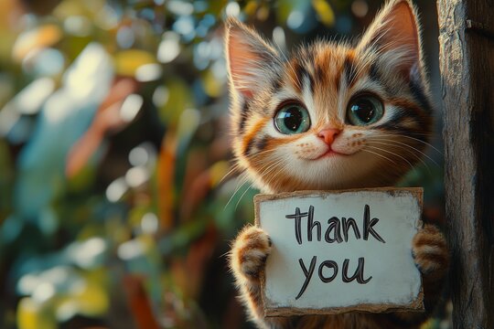 cute cartoon happy cat holding a white board sign that says "thank you" in garden. charity theme. fundraising campaign, nonprofit , philanthropy organization