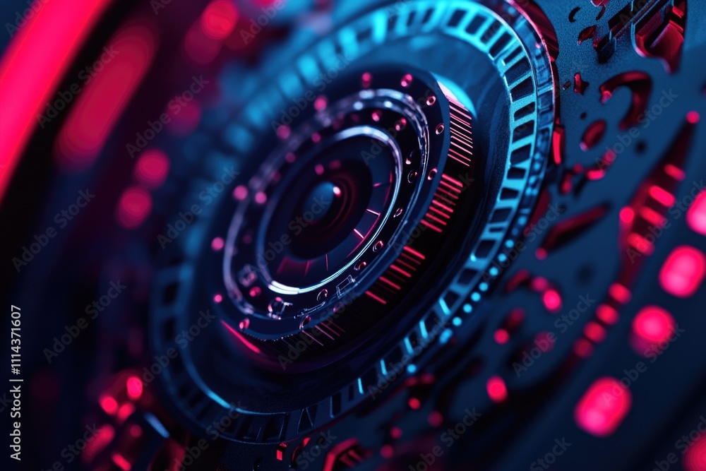 Poster a close-up shot of a clock with red and blue lights shining bright, ideal for use in designs related