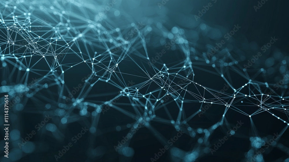 Poster Digital technology abstract concept and cybersecurity data protection. Hyperconnected polygon on dark blue background. Front focus blur back.