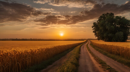 Naklejka premium A quiet countryside road winding through golden wheat fields, with the setting sun on the horizon
