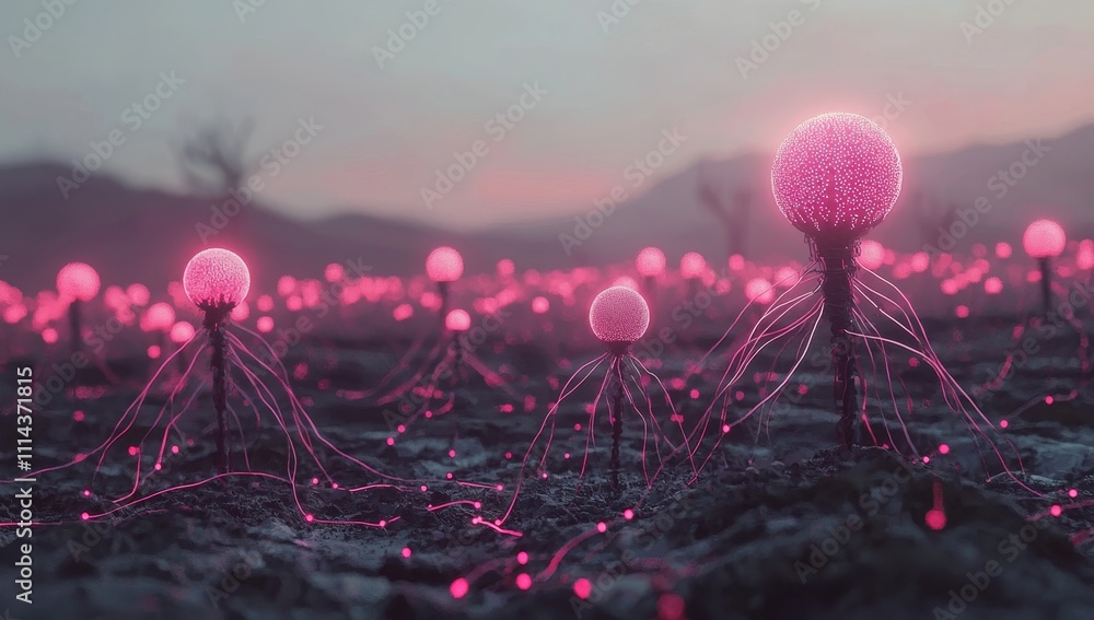 Leinwandbilder The concept of high-speed internet connection visualized as glowing cable webs sending digital data over a spectacular futuristic cyberpunk cityscape with skyscrapers. A digital art 3D illustration.